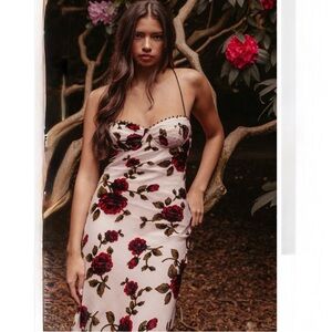 Rare London Pink Rose Devore Lace-Up Midi Dress Formal Wedding Prom Party Sz 2